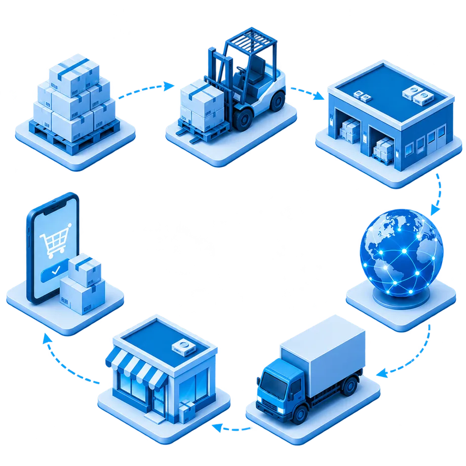 Omnichannel retail supply chain flow: online order, warehouse, stores, van delivery and multi-country distribution